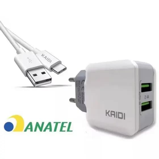 Carregador Tipo C e iPhone Kaidi 2 Entradas USB Completo Fonte + Cabo Carregamento Super Rapido