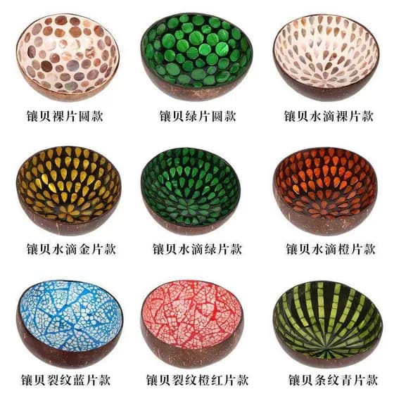 Tigela de casca de coco pintada com concha, características incrustadas, estilo étnico, tigela de armazenamento para dec