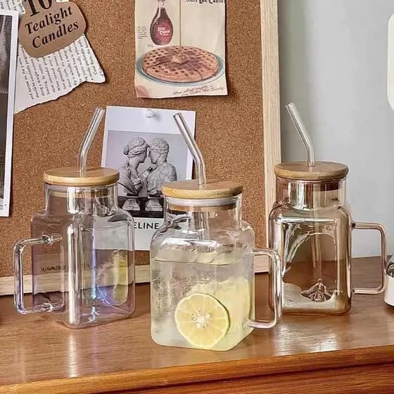 Tampa de bambu âmbar, vidro de escritório, alto teor de borosilicato, resistente a altas temperaturas, copo de suco de l