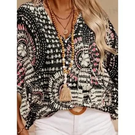 top Feminino Com Decote Em V Estampado Manga Morcego