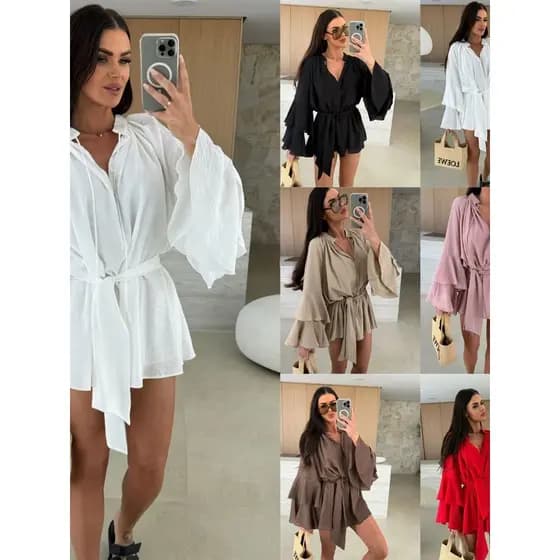 Vestido Feminino De Manga Comprida Com Cadarço
