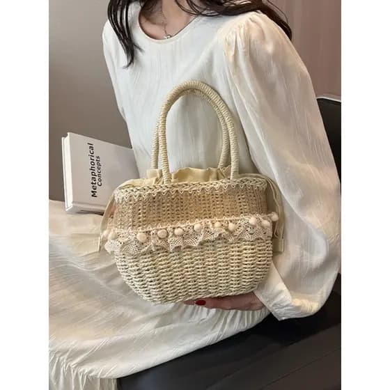 Mori estilo literário artesanal flor praia beira-mar férias saco de palha novo estilo verão bolsa Rattan saco tecido fem
