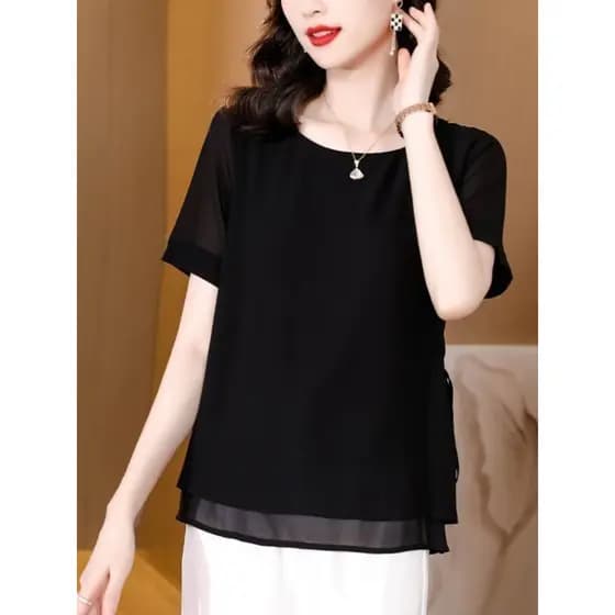 2024 verão novo estilo Chiffon camisa estilo ocidental mãe Plus Size roupas femininas em torno do pescoço manga curta so