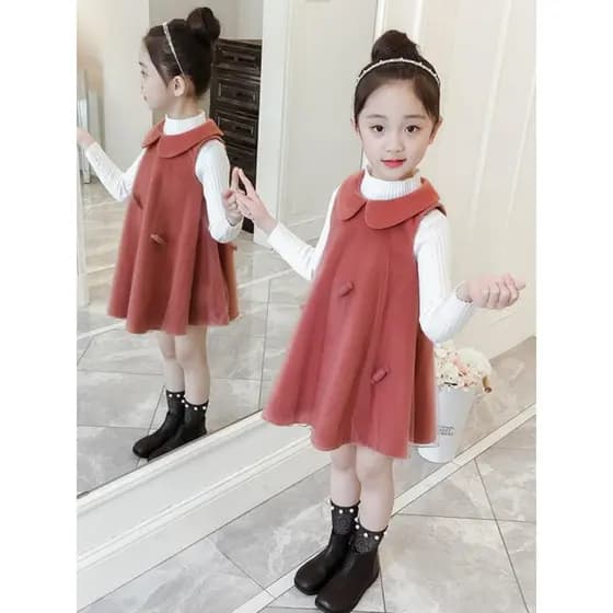 Meninas colete de lã vestido primavera outono novo estilo crianças versão coreana gola boneca Super fada moda vestido ja