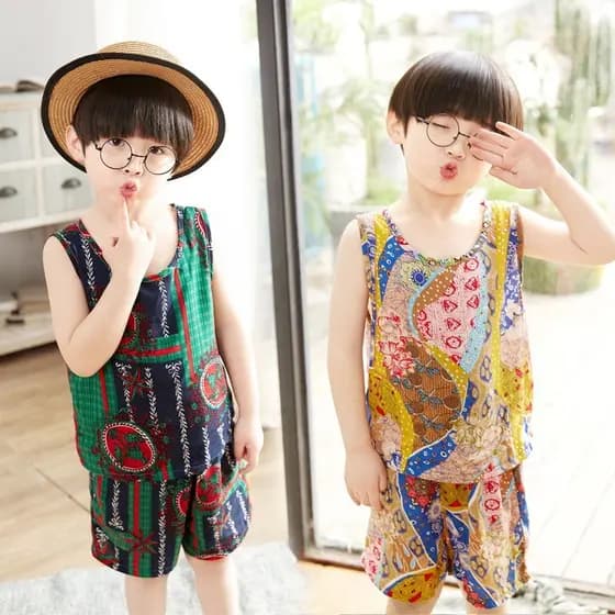 Conjunto de colete para meninos verão crianças algodão seda Homewear crianças algodão Artificial meninas algodão seda pi