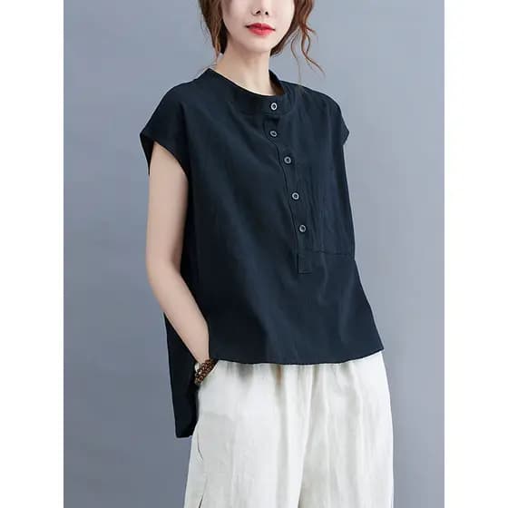 2025 verão estilo chinês literário cor sólida ferramentas bolso camisa feminina gola alta sem mangas topo solto tamanho