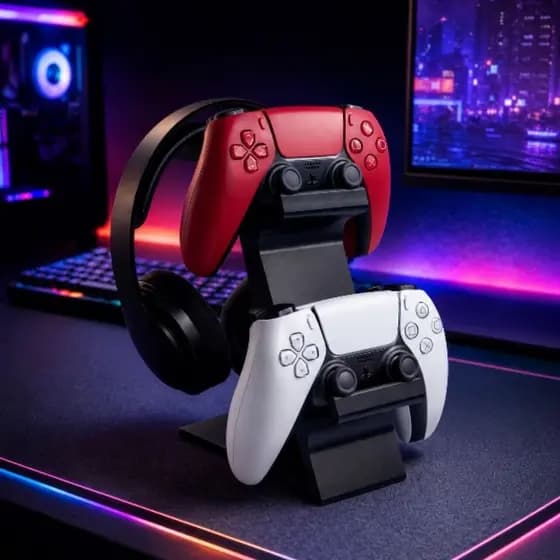 Suporte Gamer para Headset e 2 Controles | Organizador de Mesa para PS5 PS4 Xbox | Setup Gamer