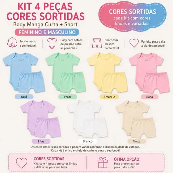Kit 4 Body Manga Curta + Shorts verão Bory Masculino e Feminino Bori Bebê Menina e Menino Infantil
