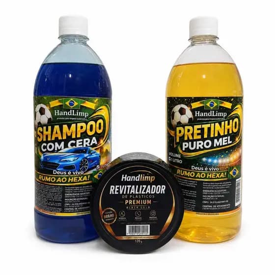 Kit Automotivo Revitalizador de Plásticos + Pretinho 1L + Shampoo com Cera 1L