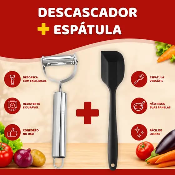 Kit 2 Peças Cozinha: Descascador de Legumes 2 em 1 e Espátula Pão Duro 21cm | Ferramentas práticas para descascar legume