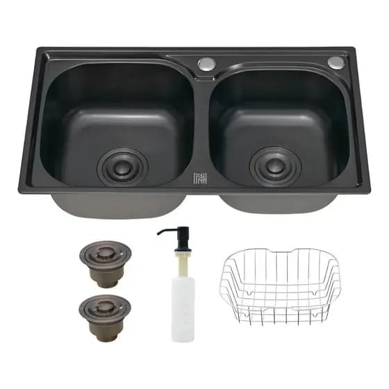 cuba dupla Aço cozinha gourmet com acessórios inox cor Preto Fosco