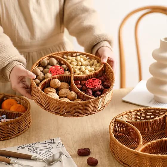 Cesta de frutas tipo Rattan estilo japonês, sala de estar, casa, novo estilo, placa de atualização compartimentada, cest
