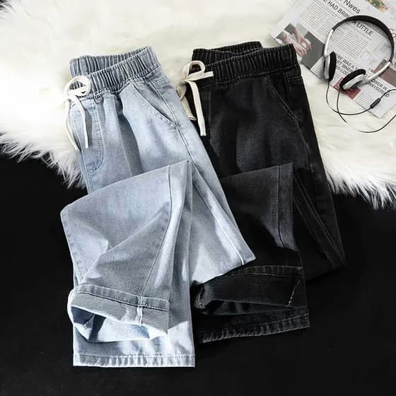 Calças de brim lavadas de cor clara masculinas soltas Street Wear calças casuais básicas estilo japonês cintura elástica