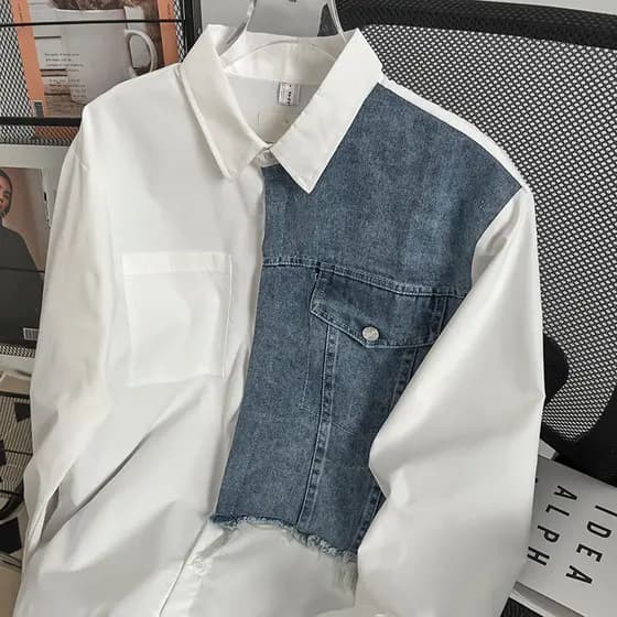 Estilo japonês street Wear Denim costura camisa de manga comprida masculina nicho Design High street casal solto Casual