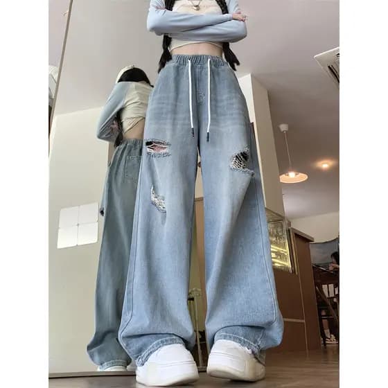 Hip Hop hiphop americano rasgado Jeans das mulheres dos homens rua rufião bonito calças retas High street solto calças d