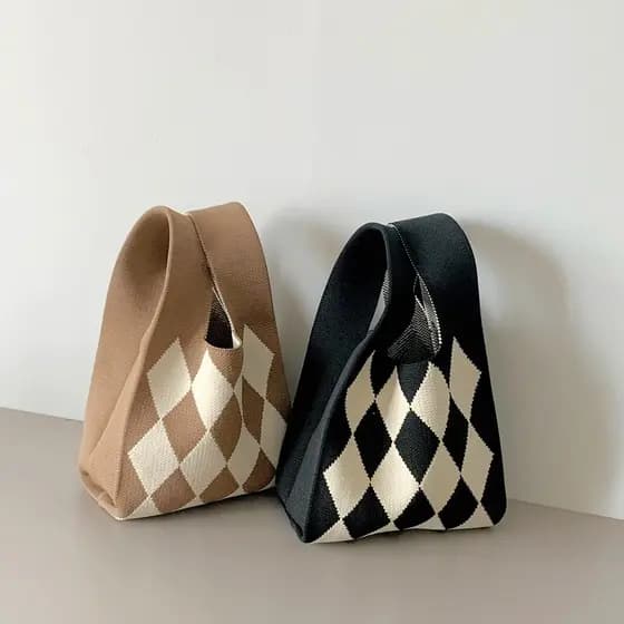 K malha mão losango para fora pequena bolsa bolsa de malha Outing pequena bolsa de pulso japonês