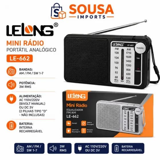 Rádio Portátil Lelong LE-662 AM/FM Analógico Recarregável e a Pilha