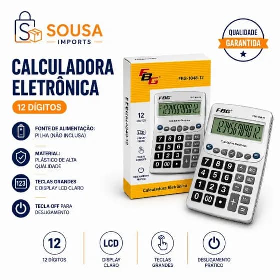 Calculadora Eletrônica Grande FBG 12 Dígitos KD-1048B Mesa Prateada