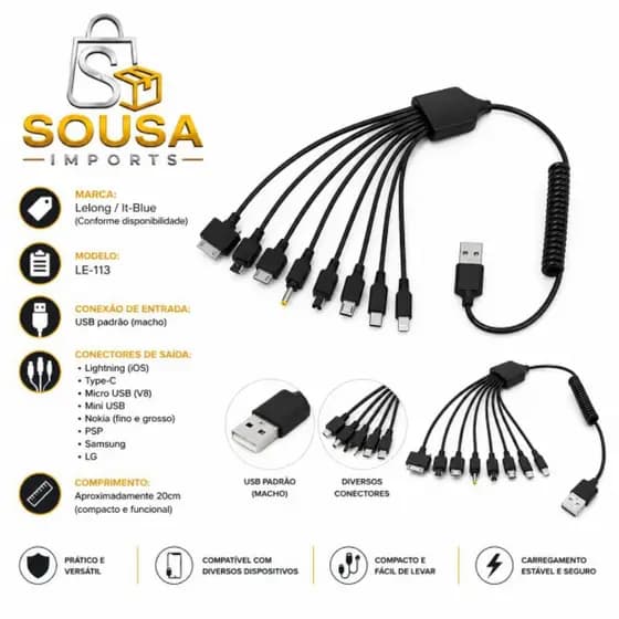 Cabo USB Para Celular 10 Em 1 Cabo Usb Multi Carregador LE-113