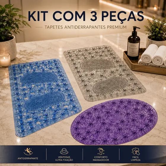 Kit 3 Tapete PVC Box Banheiro Antiderrapante Ventosa Oval E Retangular