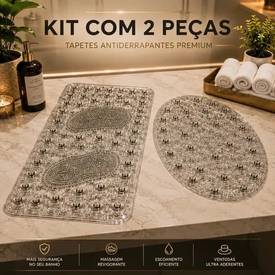 Kit 2 Tapete PVC Box Banheiro Antiderrapante Ventosa Oval E Retangular