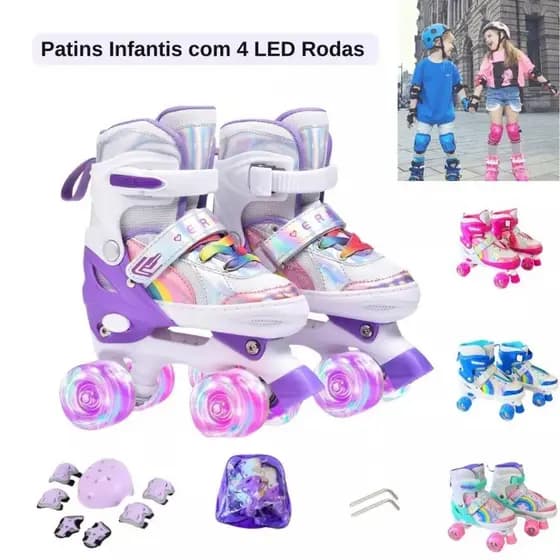 Patins Infantis com 4 Rodas Brilhantes ajustáveis com velcro, seguros e chamativos Presentes