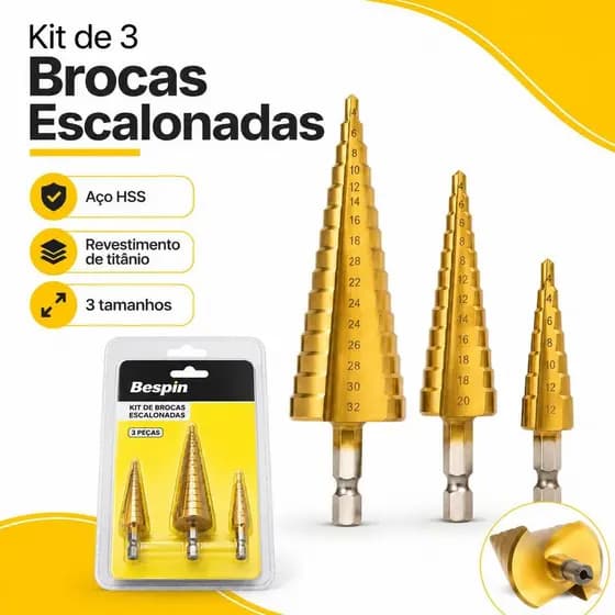 Kit 3 Brocas Escalonadas HSS com Revestimento de Titânio 4–12mm 4–20mm 4–32mm para Metal Plástico Alumínio e Madeira Fin