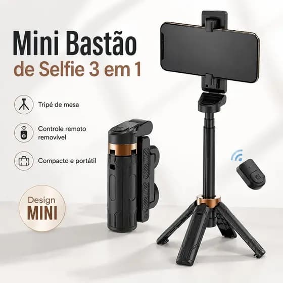Mini Bastão de Selfie 3 em 1 com Tripé, Suporte para Celular, Controle Bluetooth Removível, Rotação 360°, Dobrável e Por