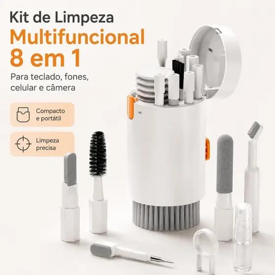 Kit de Limpeza Multifuncional 8 em 1 para Teclado, Fones, Celular, Notebook e Câmera com Escova e Acessórios Portáteis