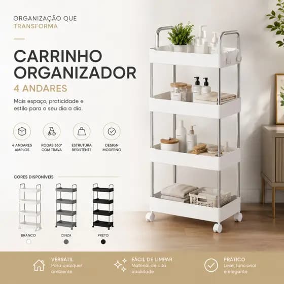Carrinho Organizador Multiuso com Rodinhas 4 Níveis Aço Inox