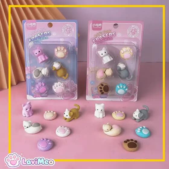 🐱 Borrachas Kawaii Gatinhos e Patinhas ✨ Kit 6 Peças Fofas Material Escolar Papelaria Criativa 🐾
