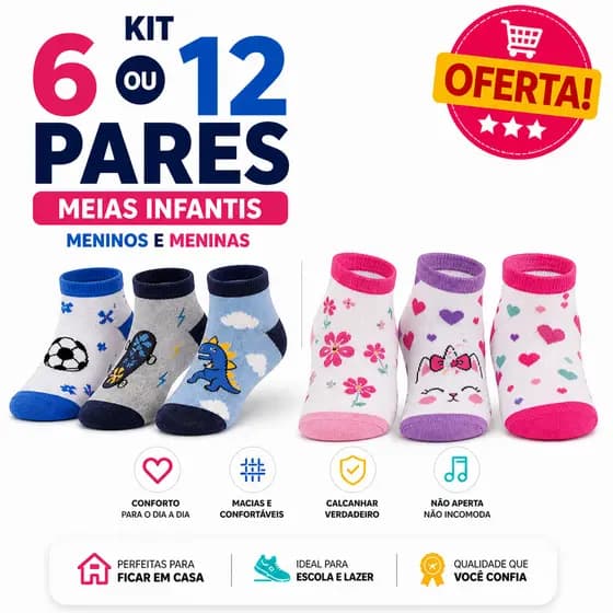 Kit Meias Criança 6 ou 12 Pares Infantil Masculino Feminino Confortáveis