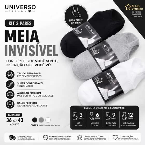 Kit Meia Invisível Masculina Feminina Confortável Algodão 3 Pares