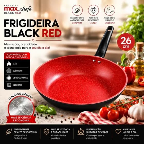 Frigideira Antiaderente 26cm com Tampa Fratelli Black Red Indução Alumínio Resistente Preto Vermelho