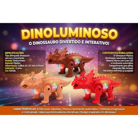Dinossauro Luminoso Anda com Luz Som e Movimento Brinquedo Infantil Dute Toys Brinquedos Premium