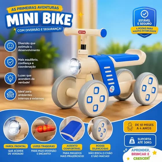 Mini Bike Infantil de Equilíbrio 4 Rodas Azul Unitoys com Luzes mini bicicleta suporta até 30kg