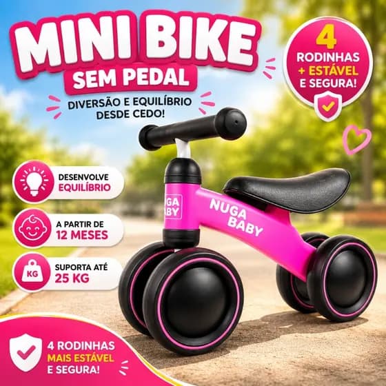 Bicicleta Infantil Sem Pedal 4 Rodas Rosa Nuga Unitoys Rosa Brinquedos Premium Rosa