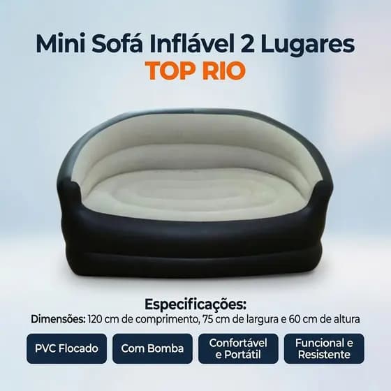 Mini Sofá Inflável 2 Lugares TOP RIO PVC Flocado com Bomba Confortável Portátil Funcional Resistente