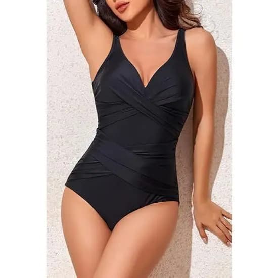 Maiô feminino com controle de barriga emagrecedor, peça única, retrô, franzido, push-up, vintage, acolchoado,gola V,cruz