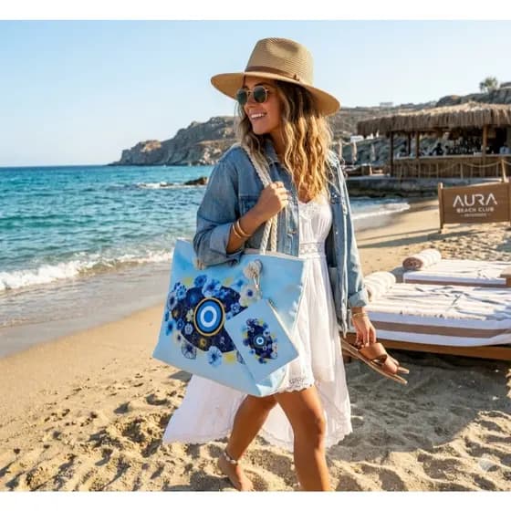 Bolsa de Praia Olho Grego Grande + Porta Moeda - Alça de Corda