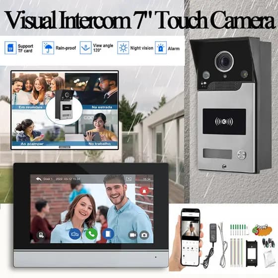 Video Porteiro Interfone 7" Touch Screen Câmera 2MP 120° Visão Noturna Controle De Acesso Sistema De Segurança Doméstica