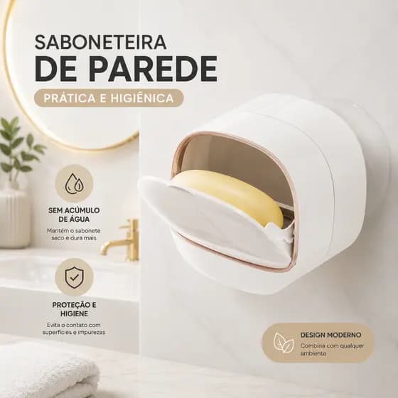 Saboneteira Premium de Parede Para Banheiro Multiuso Tampa Articulada Com Escorredor Sem Furo