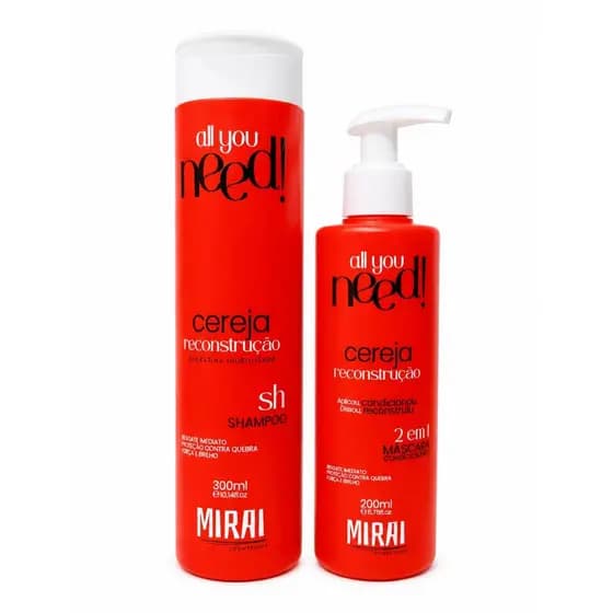 Kit Cereja Reconstrução Mirai Cosméticos Shampoo 300ml + Máscara Condicionante 2 em 1 200ml Queratina Hidrolisada