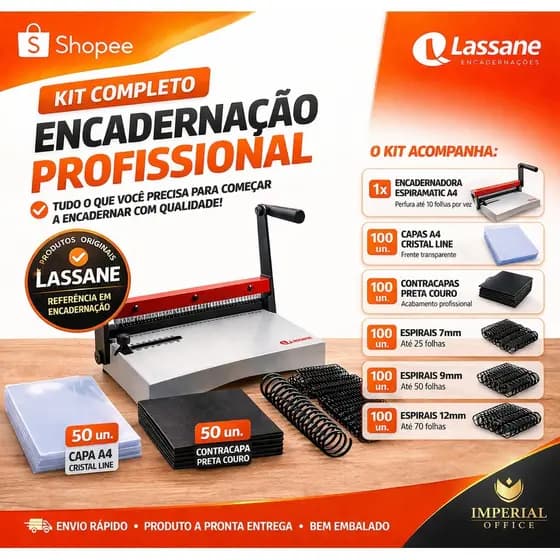 Kit Encadernação Completo Espiramatic A4 Lassane Encadernadora + 100 Capas + 300 Espirais 7 9 12mm
