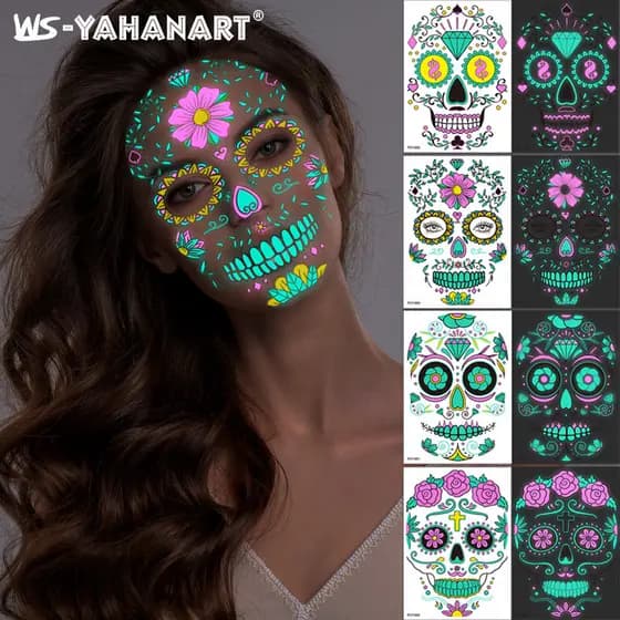 México dia dos mortos engraçado Halloween duas cores luminosa tatuagem adesivos rosto adesivos fantasma Festival cicatri