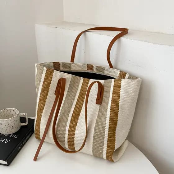 Versão coreana grande capacidade senhoras bolsa de ombro feminina 2024 simples listras verticais Casual bolsa senhoras s