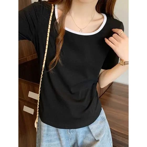 Camiseta feminina novo estilo All-Match de manga curta verão preto