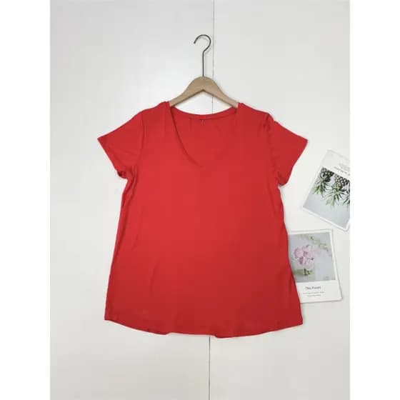 I4 exterior simples puro Yuan feminino verão fino cor sólida simples camiseta com decote em V solto mais magro olhar Bot
