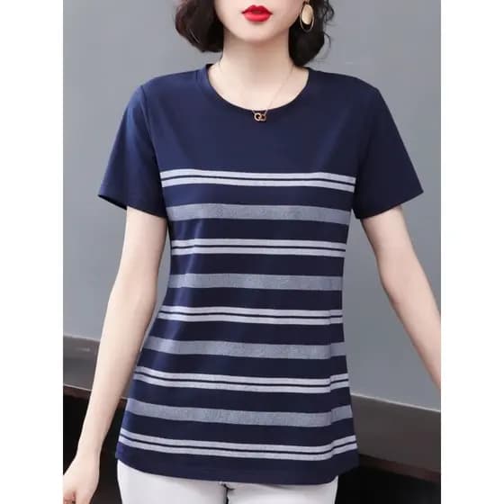 Camiseta de manga curta feminina verão novo estilo listrado mãe camiseta tamanho grande solto gordura mm cobrindo carne
