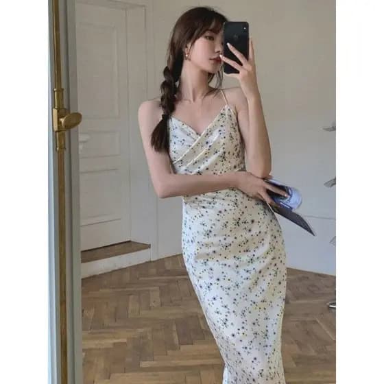 Chá francês Break Chiffon Floral estilingue vestido feminino verão temperamento comprimento médio cintura estreita magro